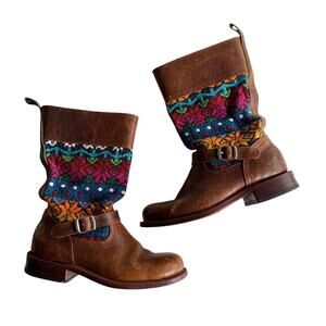 Colorful Huipil and Brown Leather Round Toe Engineer Buckle Boots EU 37 US 6 6.5